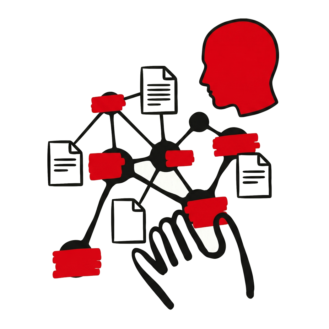 Network of documents with personal data redacted in red, observed by a stylized red profile